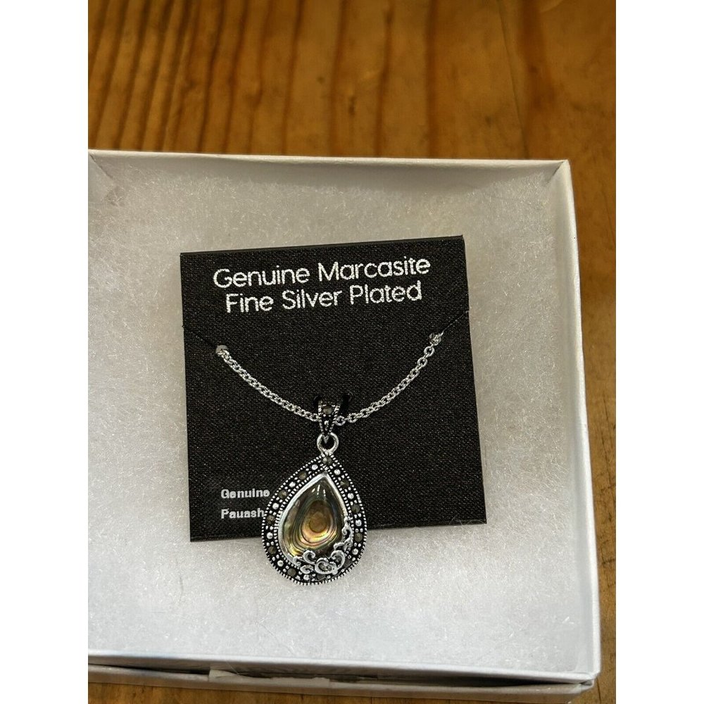 Fine Silver Plated Genuine Marcasite Rhinestone Tear Drop Necklace 18"